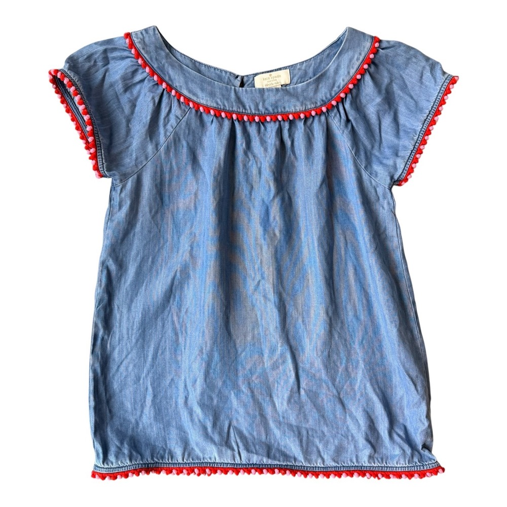 Kate Spade Girls Chambray Pom Pom Top 12Y Denim Lyocel Boho Spring Summer Blouse